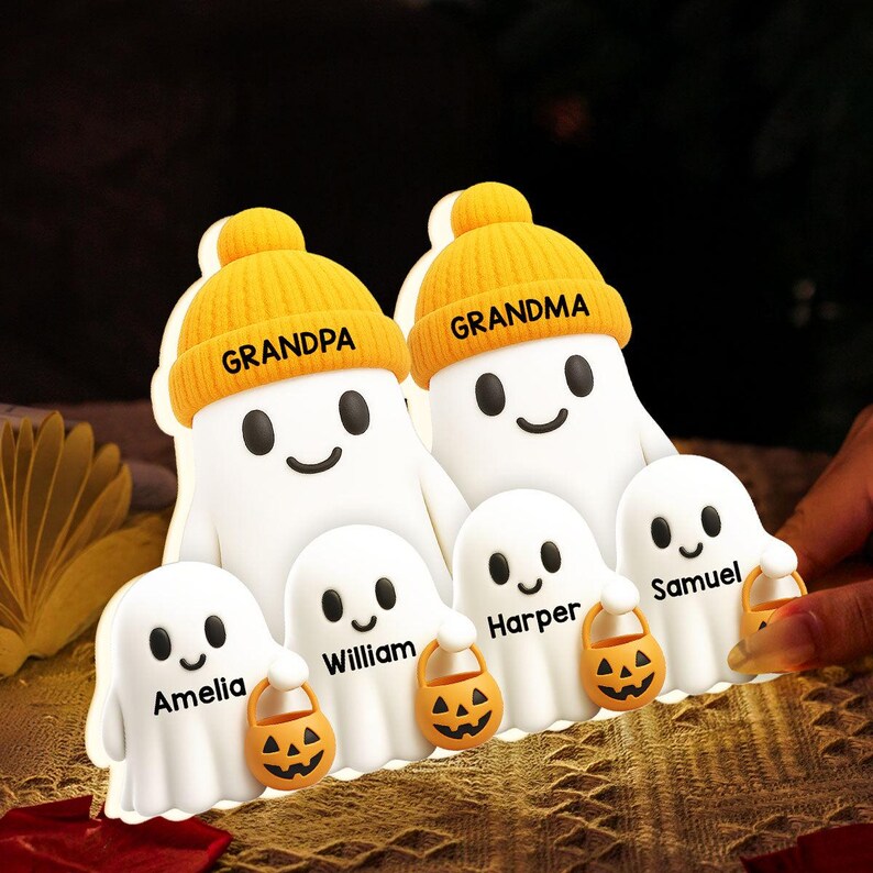 Personalized Halloween Ghost Family Acrylic Light Box, Custom Name Ghost Statue, Grandma and Grandpa Ghost Gift