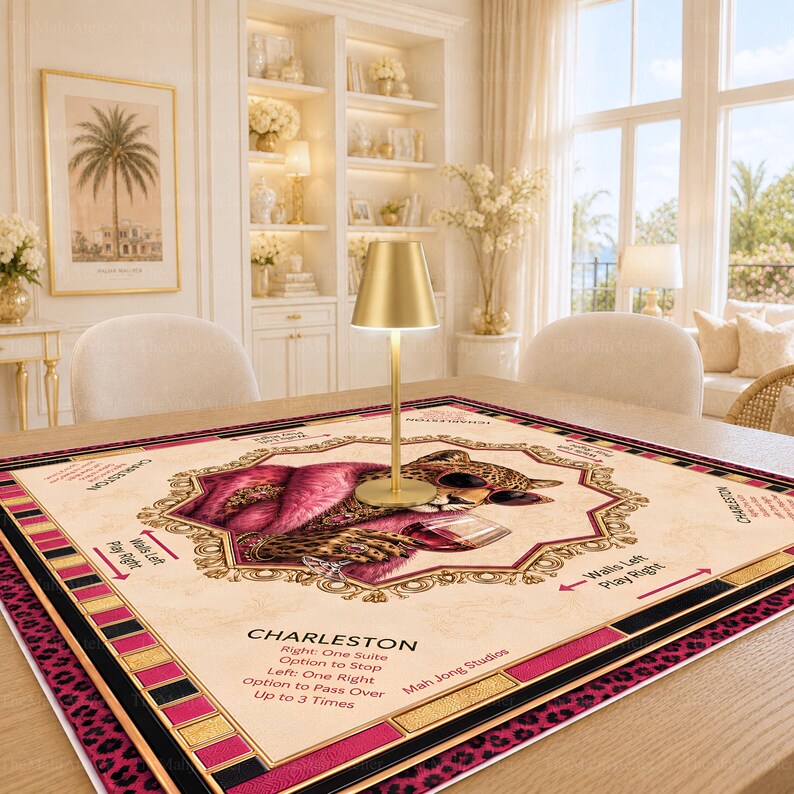 Pink Luxe Leopard Mahjong Mat, Leopard Glam with Rules, Ladies Game Night Hostess, Gift for Her