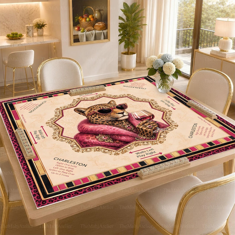 Pink Luxe Leopard Mahjong Mat, Leopard Glam with Rules, Ladies Game Night Hostess, Gift for Her
