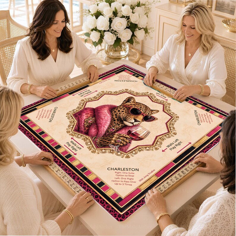 Pink Luxe Leopard Mahjong Mat, Leopard Glam with Rules, Ladies Game Night Hostess, Gift for Her