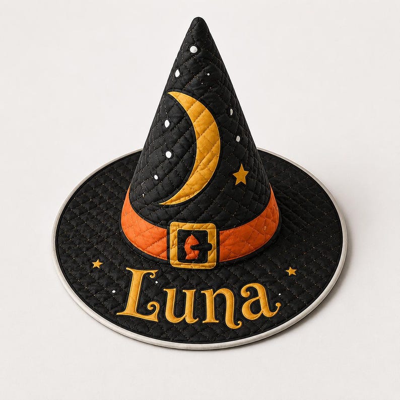 Personalized Quilted Witch Hat, Custom Name Vintage Halloween Hat, Retro Patchwork Witch Costume Hat