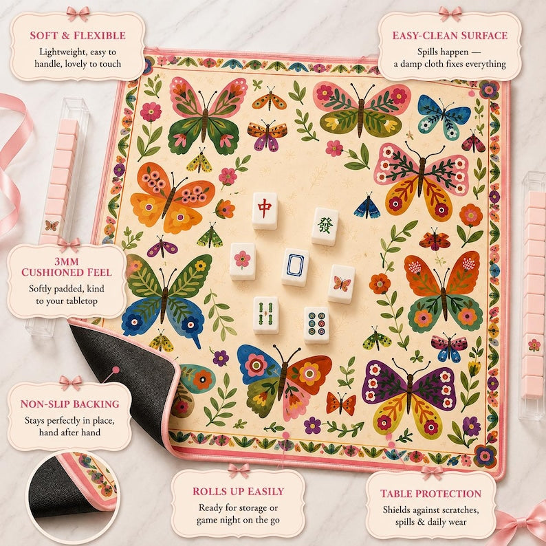 Butterfly Garden Mahjong Mat, Colorful Folk Art Floral Mahjong Table Mat, Whimsical Botanical Game Mat
