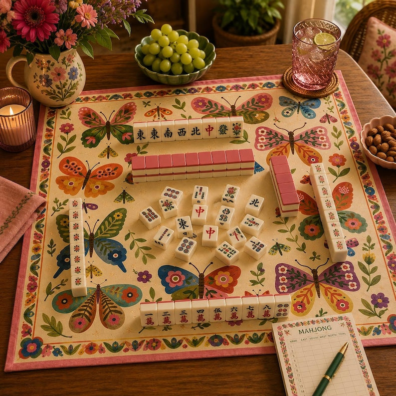 Butterfly Garden Mahjong Mat, Colorful Folk Art Floral Mahjong Table Mat, Whimsical Botanical Game Mat