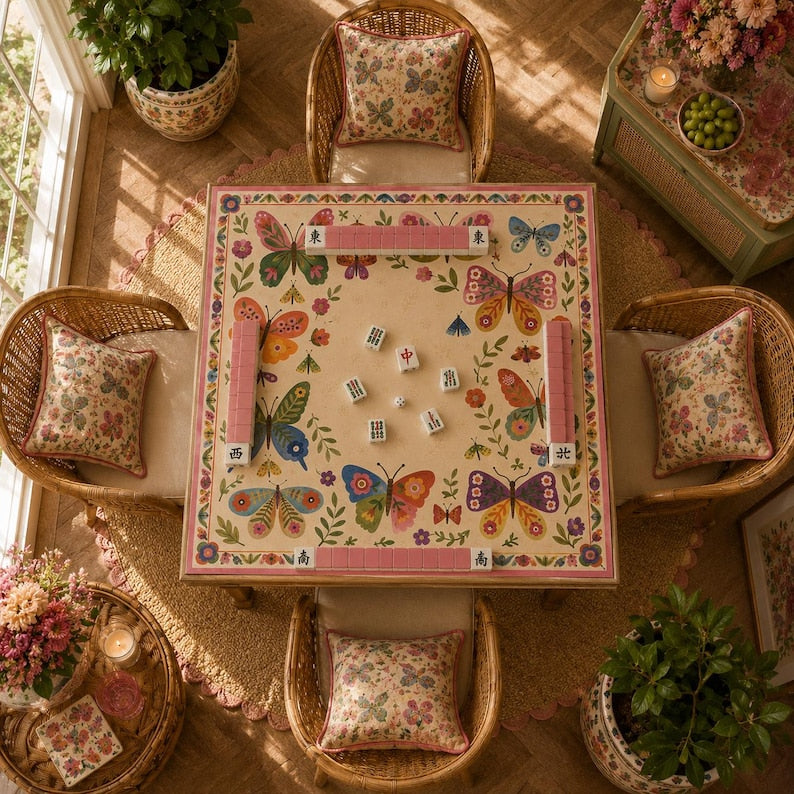 Butterfly Garden Mahjong Mat, Colorful Folk Art Floral Mahjong Table Mat, Whimsical Botanical Game Mat