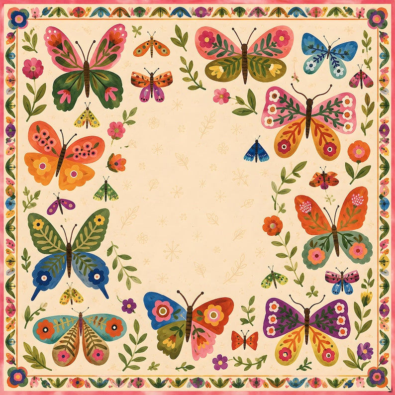 Butterfly Garden Mahjong Mat, Colorful Folk Art Floral Mahjong Table Mat, Whimsical Botanical Game Mat