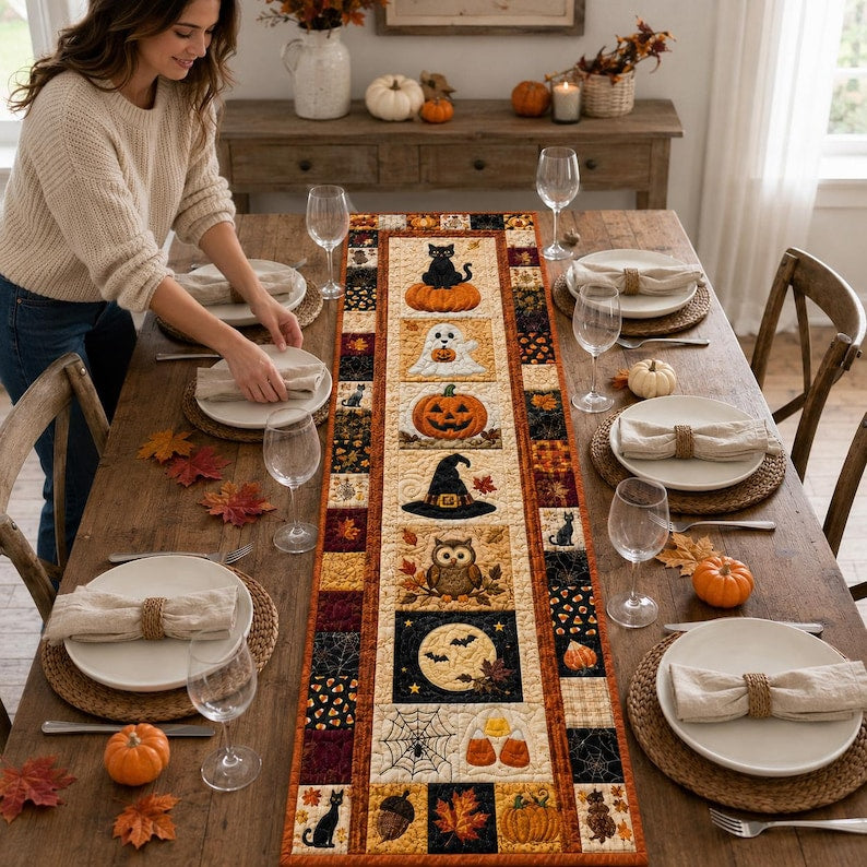 Halloween Quilted Table Runner, Fall Autumn Patchwork Decor, Pumpkin Witch Owl Print