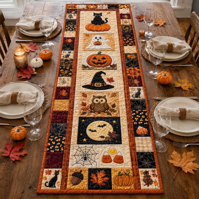Halloween Quilted Table Runner, Fall Autumn Patchwork Decor, Pumpkin Witch Owl Print