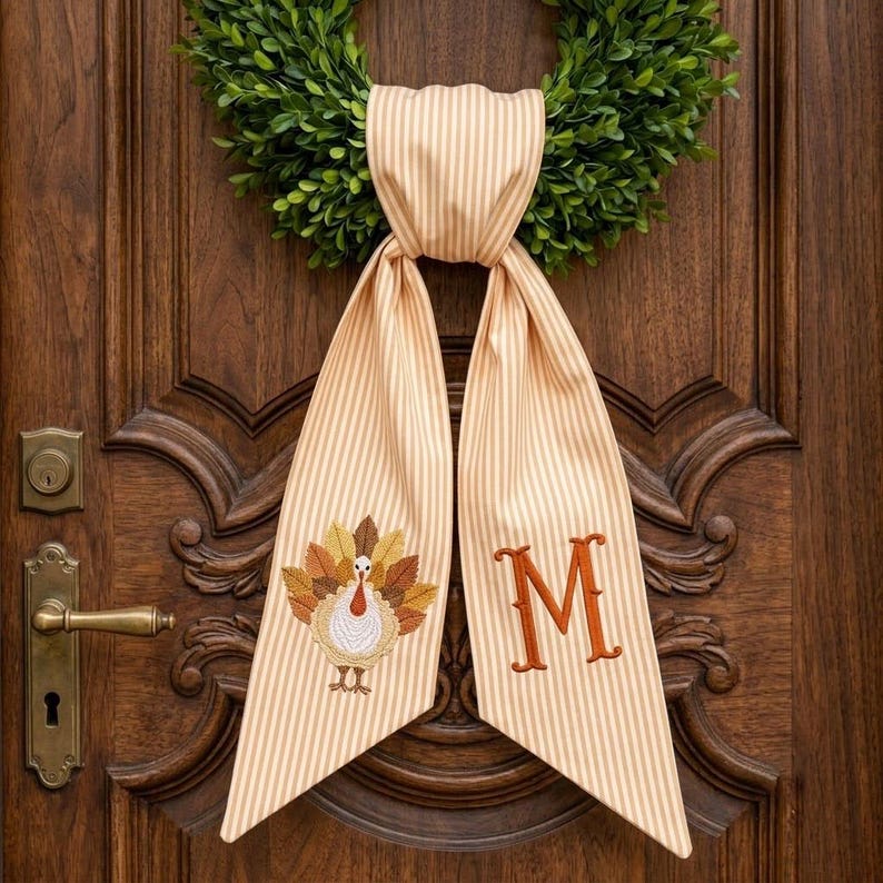 Thanksgiving Wreath Sash, Personalized Turkey Door Bow, Monogram Fall Wreath Bow