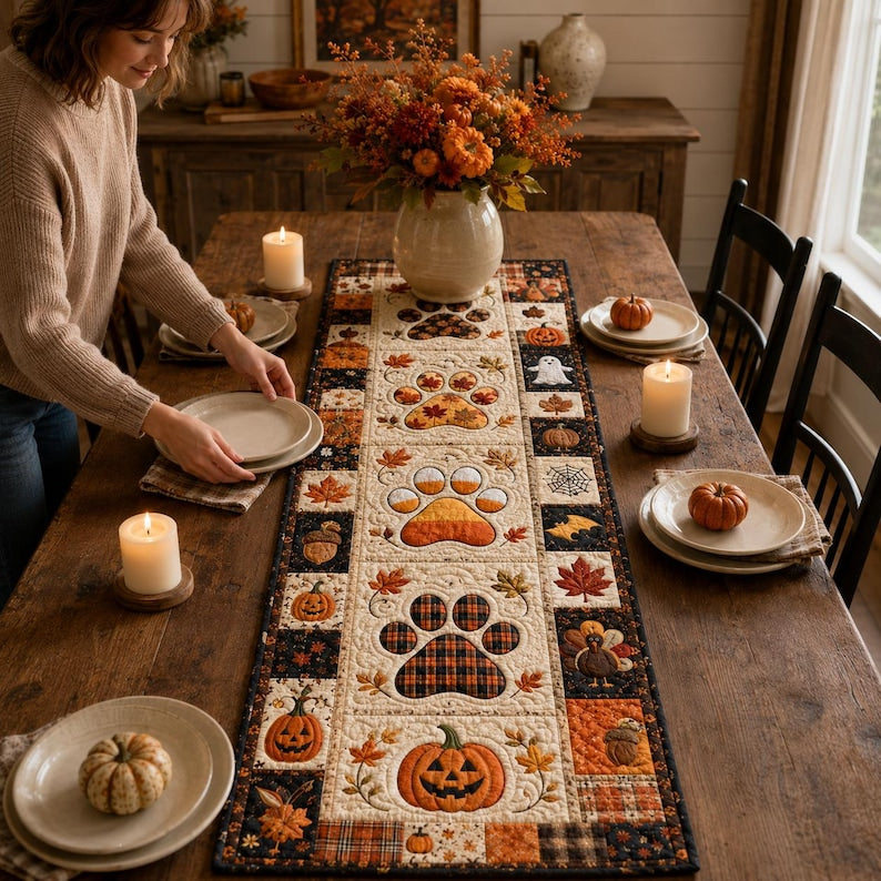 Printed Quilted Paw Print Table Runner, Fall Autumn Halloween Decor