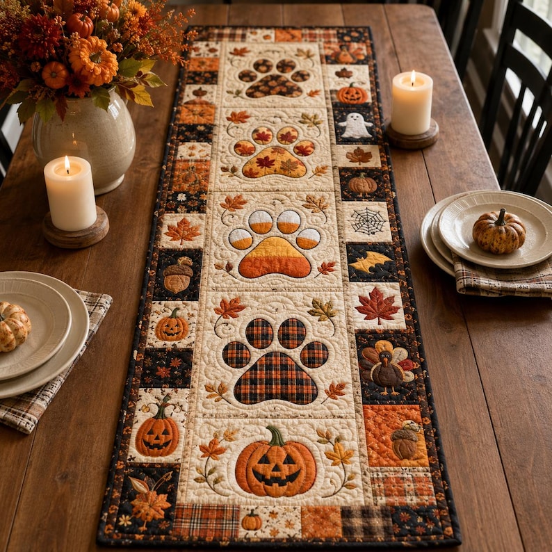 Printed Quilted Paw Print Table Runner, Fall Autumn Halloween Decor
