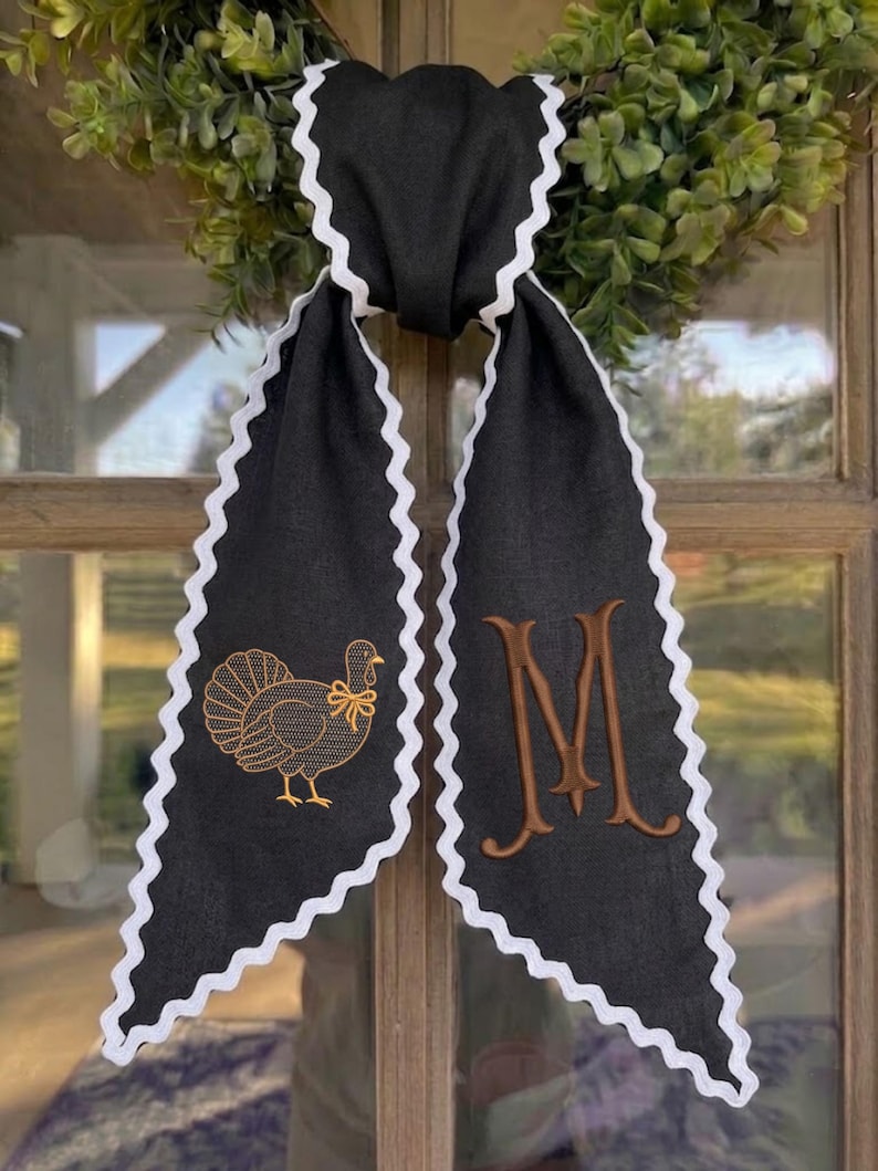Personalized Turkey Monogram Wreath Sash, Embroidered Thanksgiving Door Bow, Fall Wreath Ribbon Decor