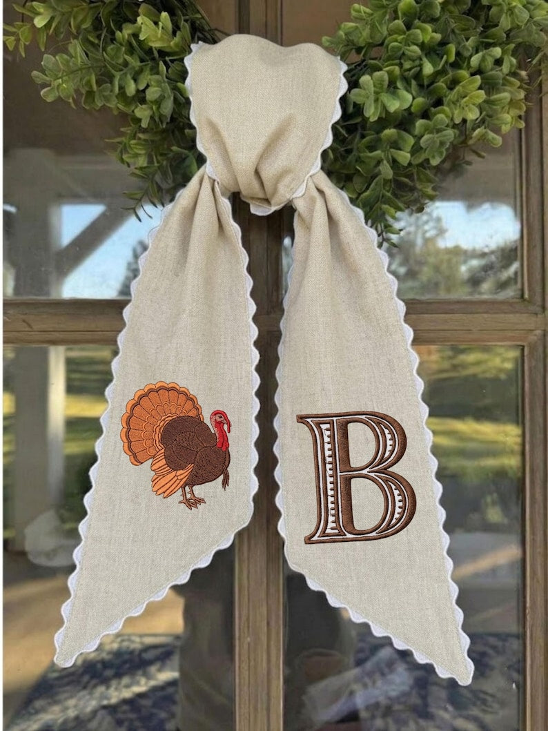 Personalized Turkey Monogram Wreath Sash, Embroidered Thanksgiving Door Bow, Fall Wreath Ribbon Decor