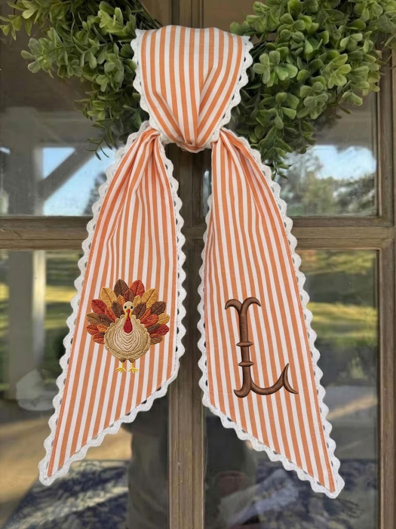 Personalized Turkey Monogram Wreath Sash, Embroidered Thanksgiving Door Bow, Fall Wreath Ribbon Decor