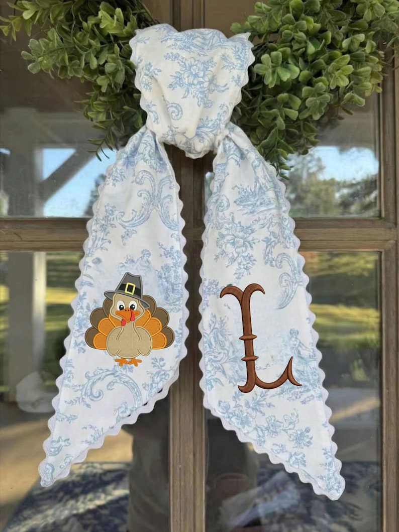 Personalized Turkey Monogram Wreath Sash, Embroidered Thanksgiving Door Bow, Fall Wreath Ribbon Decor
