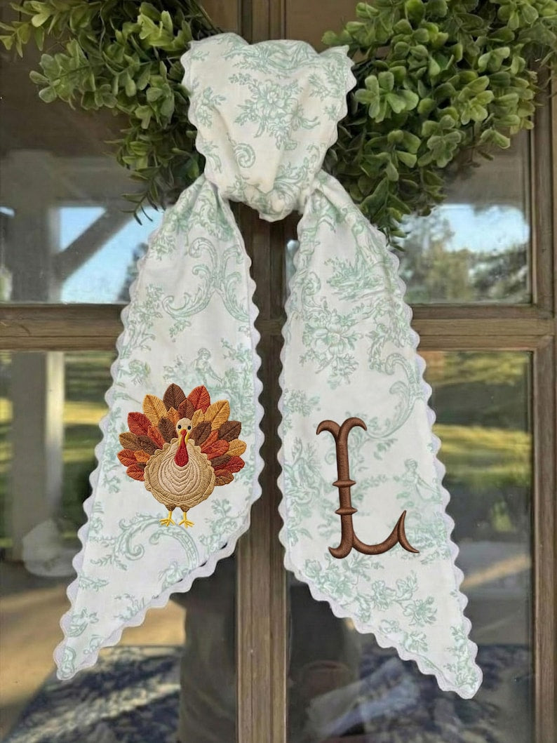 Personalized Turkey Monogram Wreath Sash, Embroidered Thanksgiving Door Bow, Fall Wreath Ribbon Decor