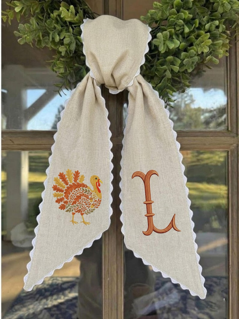 Personalized Turkey Monogram Wreath Sash, Embroidered Thanksgiving Door Bow, Fall Wreath Ribbon Decor