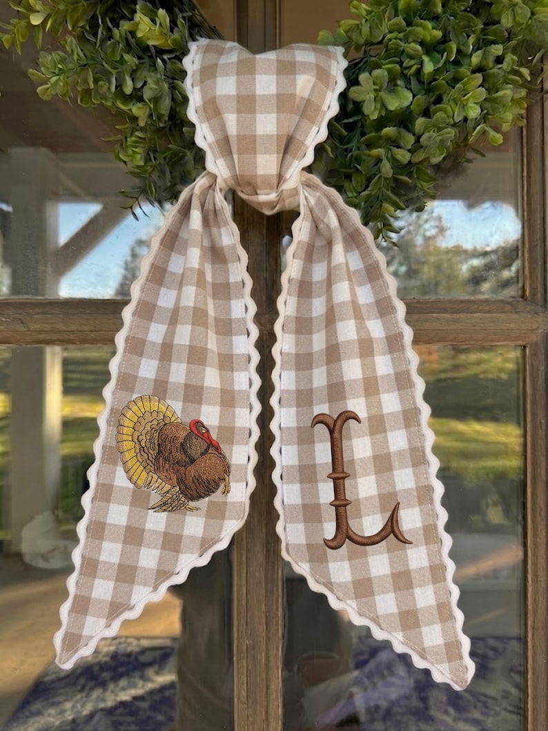 Personalized Turkey Monogram Wreath Sash, Embroidered Thanksgiving Door Bow, Fall Wreath Ribbon Decor