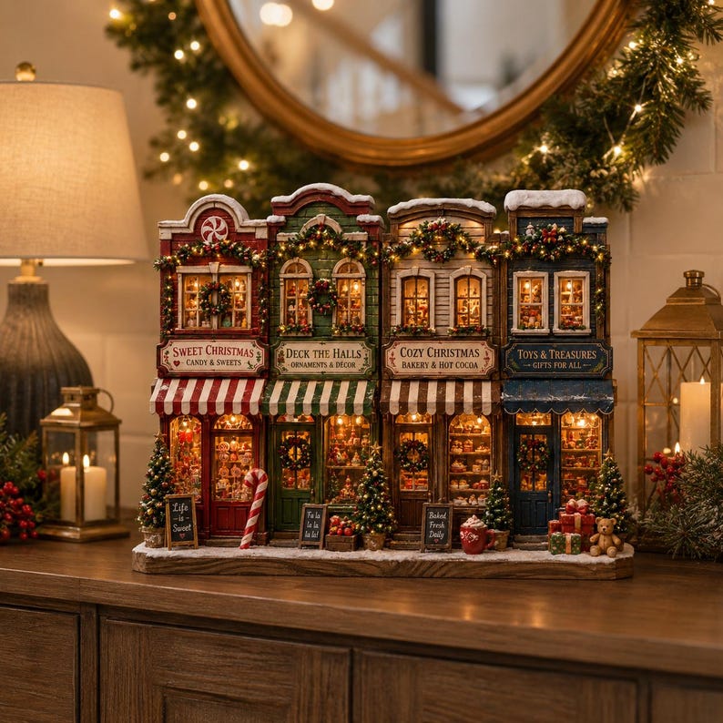 Christmas Wooden Block Village Decor, Lighted Christmas Village Decor, Rustic Farmhouse Mantel Centerpiece
