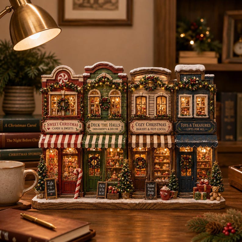 Christmas Wooden Block Village Decor, Lighted Christmas Village Decor, Rustic Farmhouse Mantel Centerpiece