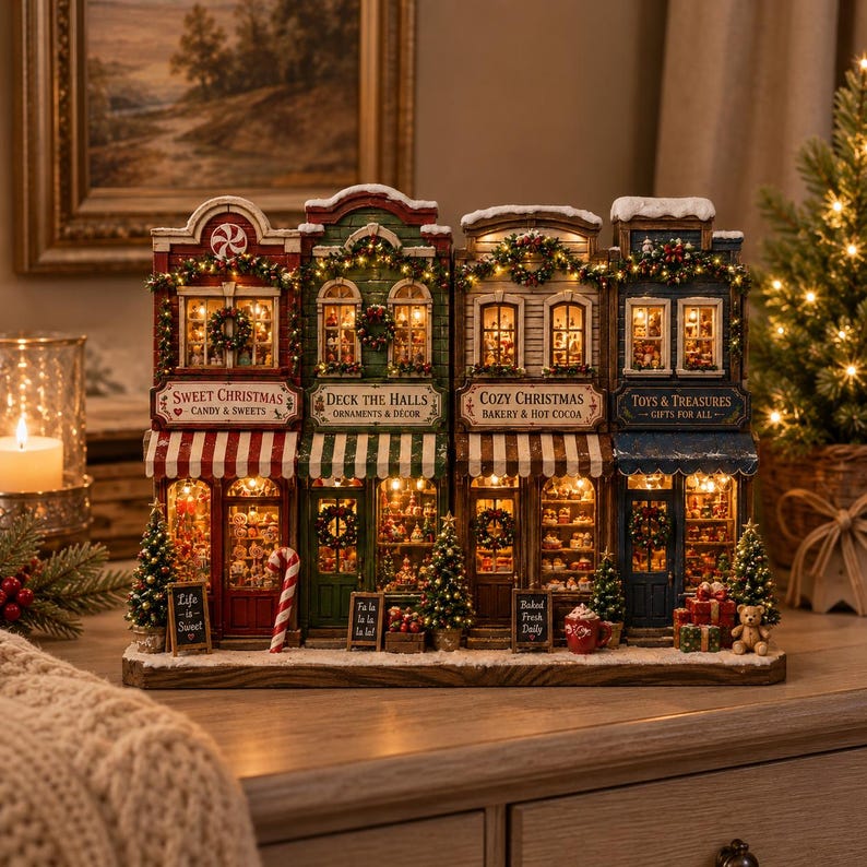 Christmas Wooden Block Village Decor, Lighted Christmas Village Decor, Rustic Farmhouse Mantel Centerpiece