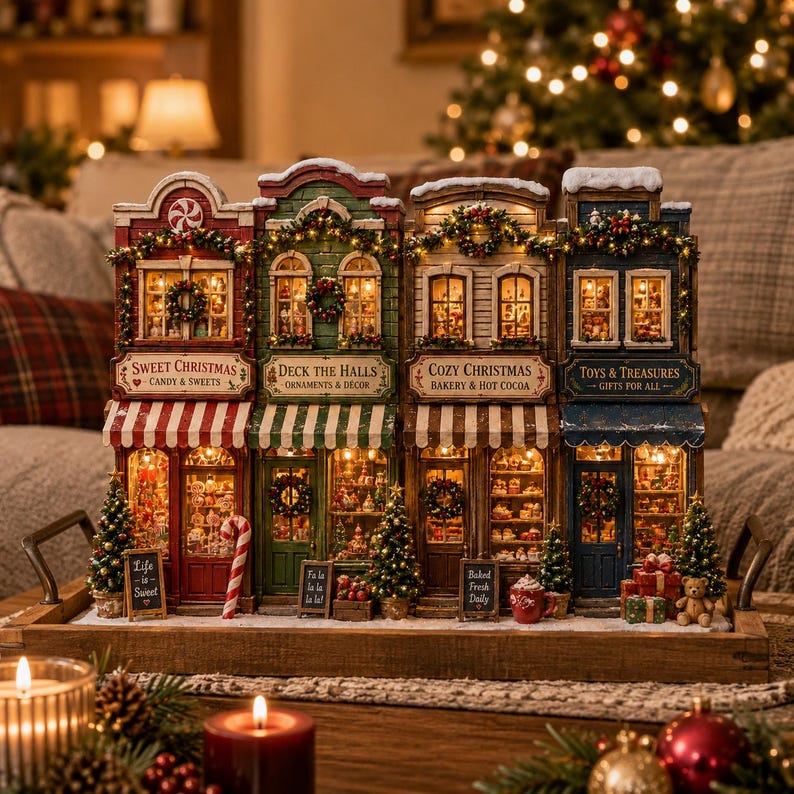 Christmas Wooden Block Village Decor, Lighted Christmas Village Decor, Rustic Farmhouse Mantel Centerpiece
