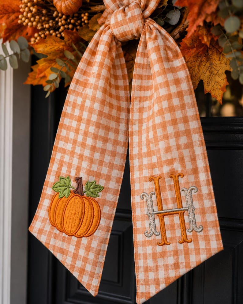 Embroidered Monogrammed Thanksgiving Fall Wreath Sash, Sash Pumpkin Personalized Holiday Gift, Front Door Bow