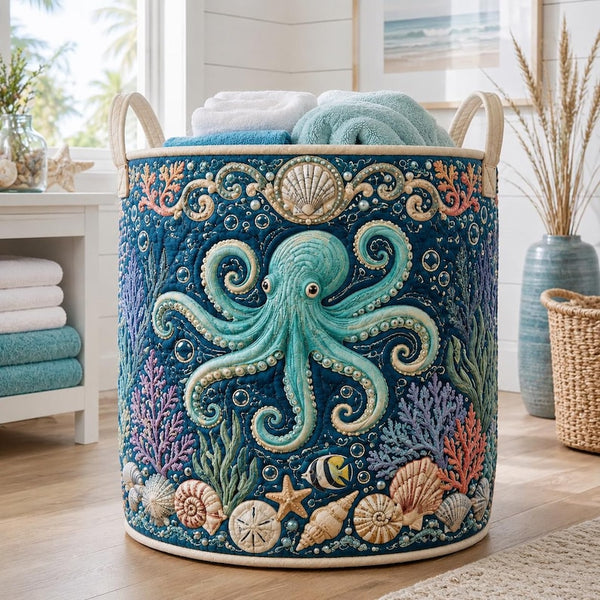 Quilted Octopus Laundry Hamper, Coastal Ocean Theme Storage Basket