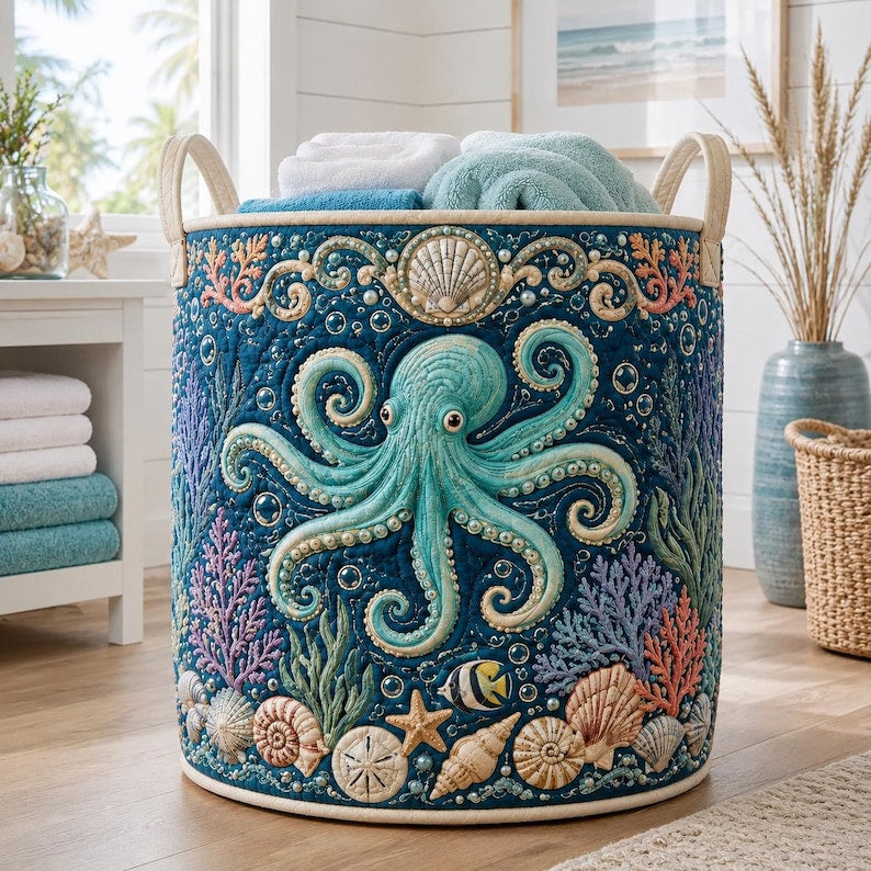 Quilted Octopus Laundry Hamper, Coastal Ocean Theme Storage Basket