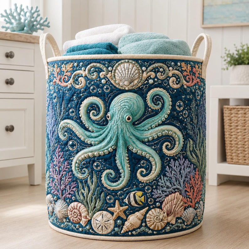 Quilted Octopus Laundry Hamper, Coastal Ocean Theme Storage Basket