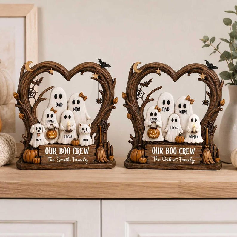 Custom Ghost Family Halloween Wooden Plaque, Rustic Fall Decor, Boo Crew Name Block, Halloween Gift