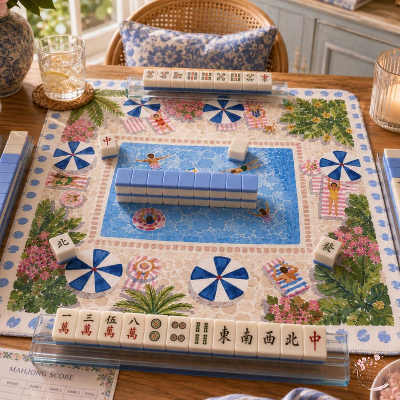 Sunny Poolside Resort Mahjong Mat, American Mahjong Mat, Palm Beach Pool Garden, Summer Swim Club Mahjong Gift