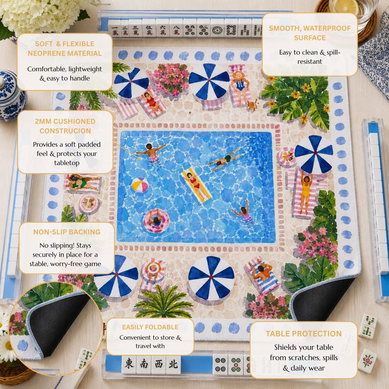 Sunny Poolside Resort Mahjong Mat, American Mahjong Mat, Palm Beach Pool Garden, Summer Swim Club Mahjong Gift