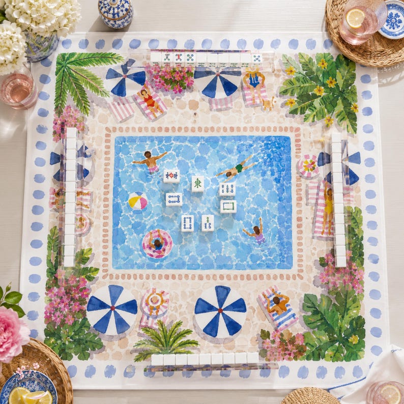 Sunny Poolside Resort Mahjong Mat, American Mahjong Mat, Palm Beach Pool Garden, Summer Swim Club Mahjong Gift