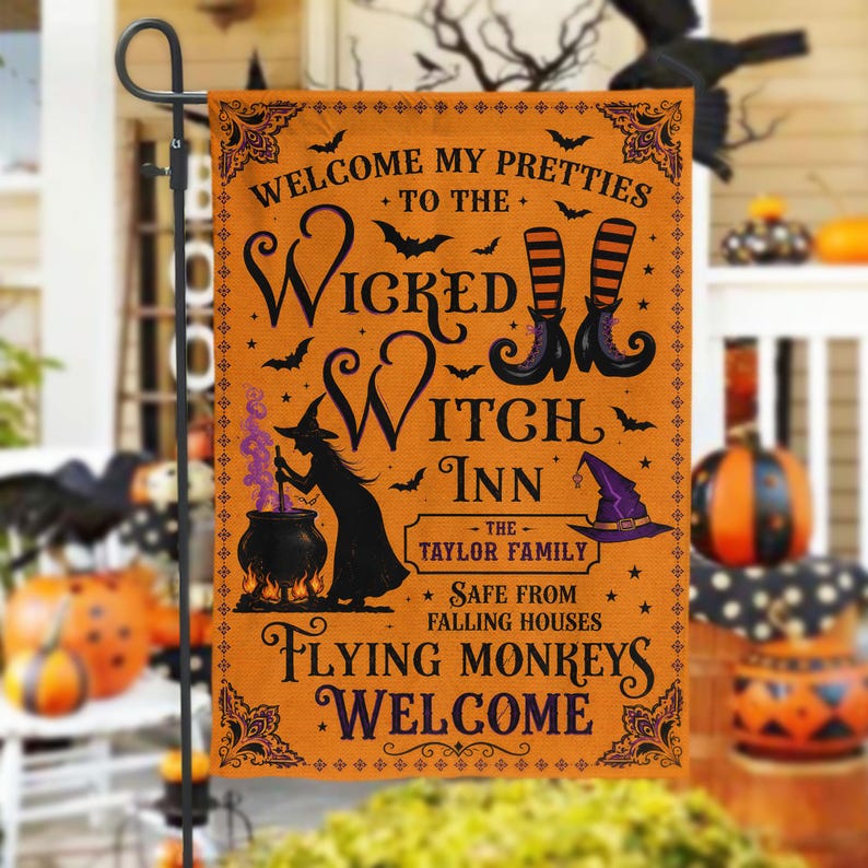 Welcome My Pretties To The Wicked Witch Inn, Personalized Retro Spooky Season Garden Flag