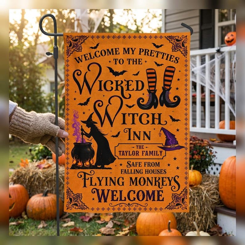Welcome My Pretties To The Wicked Witch Inn, Personalized Retro Spooky Season Garden Flag
