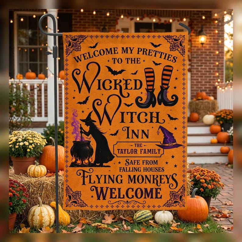 Welcome My Pretties To The Wicked Witch Inn, Personalized Retro Spooky Season Garden Flag