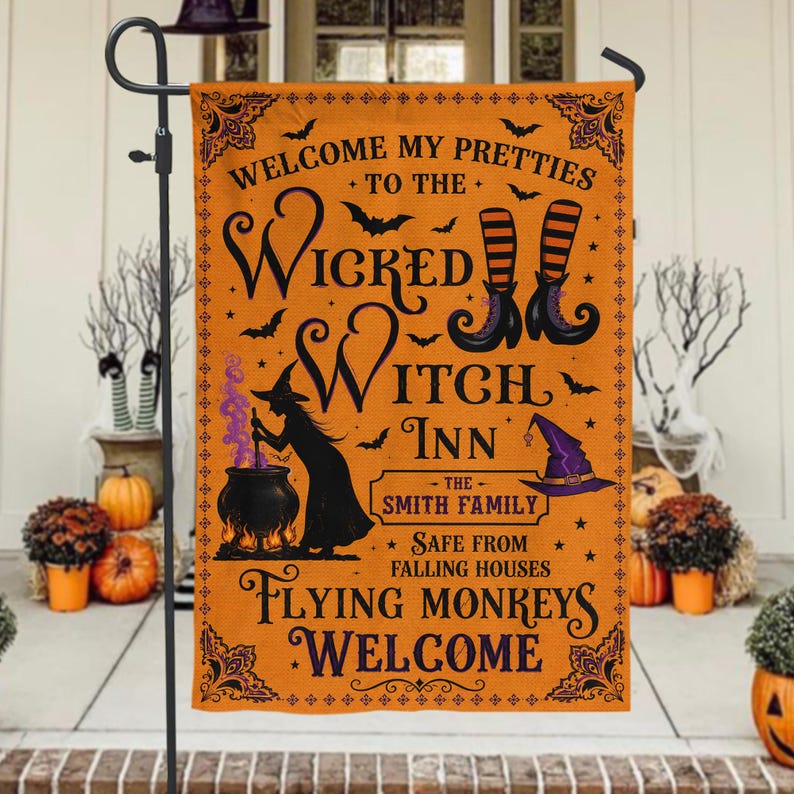 Welcome My Pretties To The Wicked Witch Inn, Personalized Retro Spooky Season Garden Flag