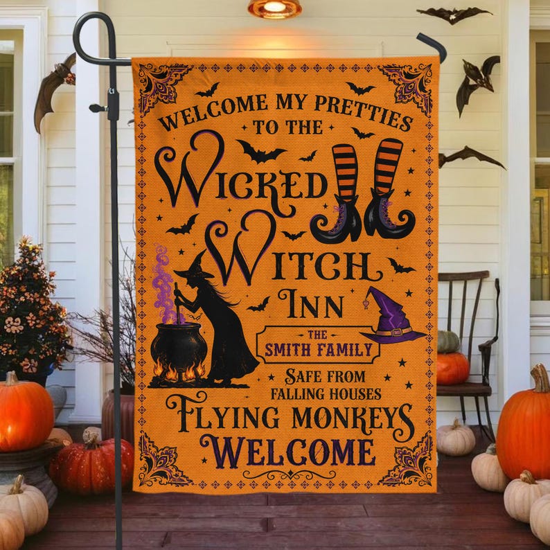 Welcome My Pretties To The Wicked Witch Inn, Personalized Retro Spooky Season Garden Flag