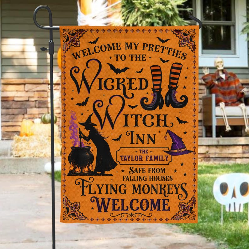 Welcome My Pretties To The Wicked Witch Inn, Personalized Retro Spooky Season Garden Flag