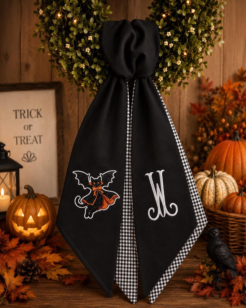 Personalized Black Cat Halloween Wreath Sash, Embroidered Monogram Door Sash, Spooky WreathBow