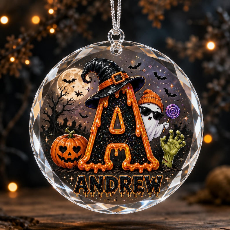 Personalized Halloween Acrylic Ornament, Ghost Pumpkin Witch Hat Glass Ornament, Custom Name Spooky Holiday Decor