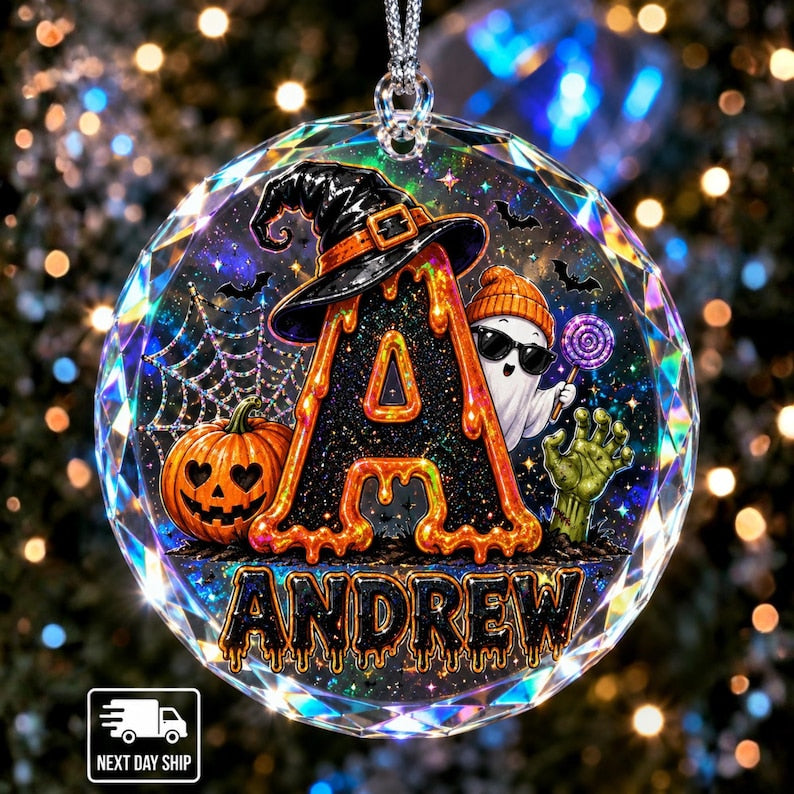 Personalized Halloween Acrylic Ornament, Ghost Pumpkin Witch Hat Glass Ornament, Custom Name Spooky Holiday Decor