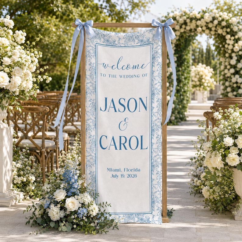 Personalized Wedding Welcome Sign, Toile Vertical Wedding Banner, Wedding Signage With Names