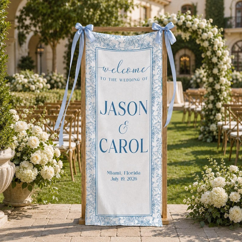 Personalized Wedding Welcome Sign, Toile Vertical Wedding Banner, Wedding Signage With Names
