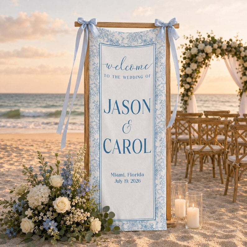 Personalized Wedding Welcome Sign, Toile Vertical Wedding Banner, Wedding Signage With Names