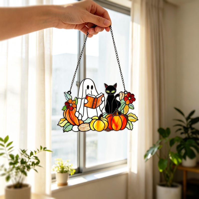 Ghost Black Cat Acrylic Suncatcher, Faux Window Hanging Decor, Reading Book Pumpkin Floral