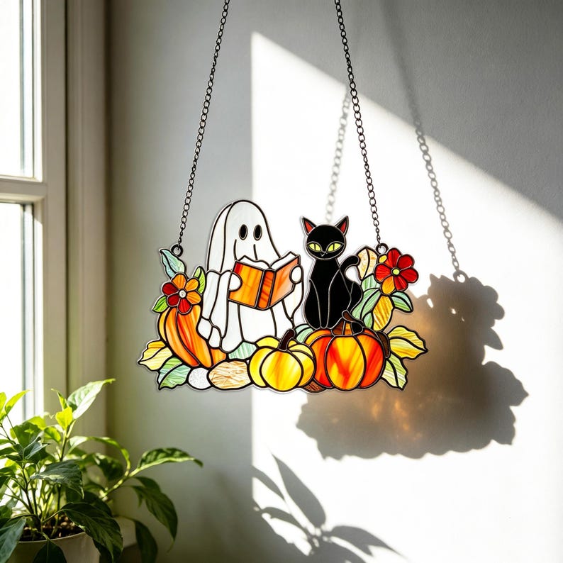 Ghost Black Cat Acrylic Suncatcher, Faux Window Hanging Decor, Reading Book Pumpkin Floral