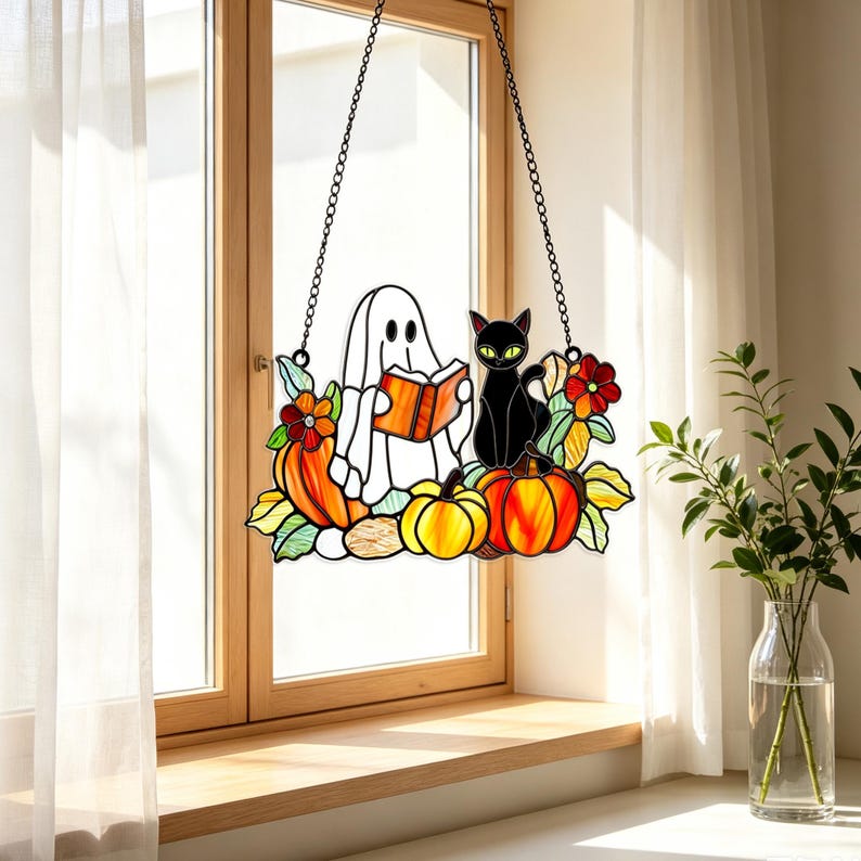 Ghost Black Cat Acrylic Suncatcher, Faux Window Hanging Decor, Reading Book Pumpkin Floral