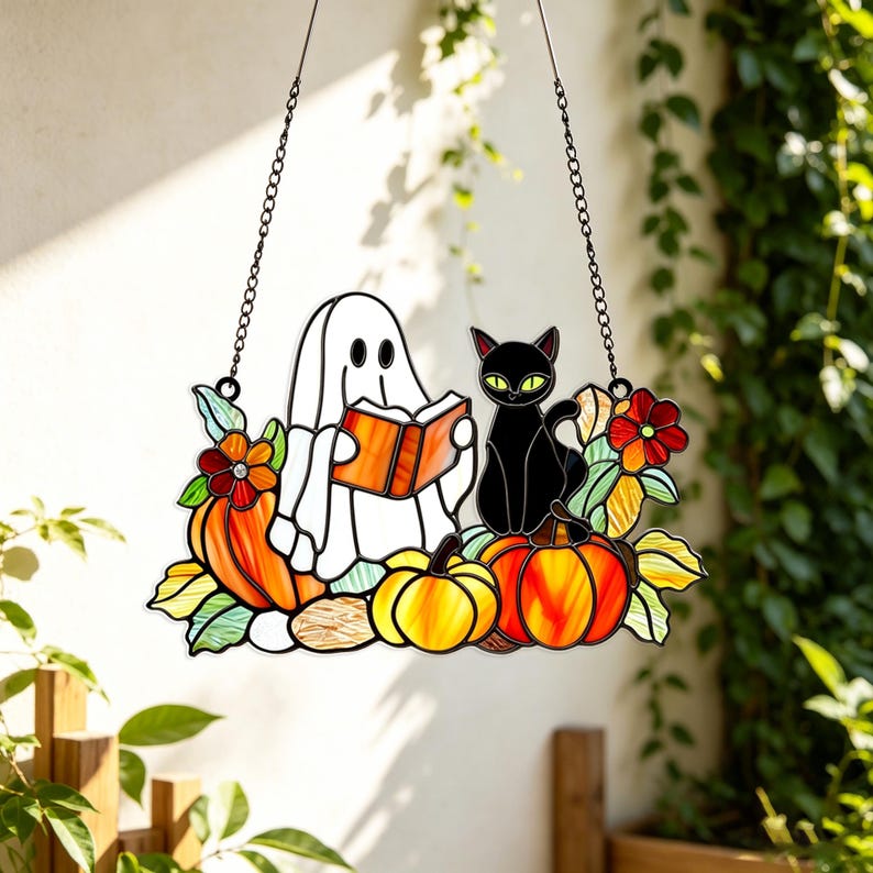 Ghost Black Cat Acrylic Suncatcher, Faux Window Hanging Decor, Reading Book Pumpkin Floral