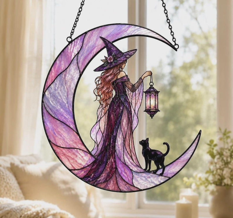Acrylic Suncatcher Witch On Moon, Celestial Black Cat Window Hanging, Whimsical Witchy Room Decor